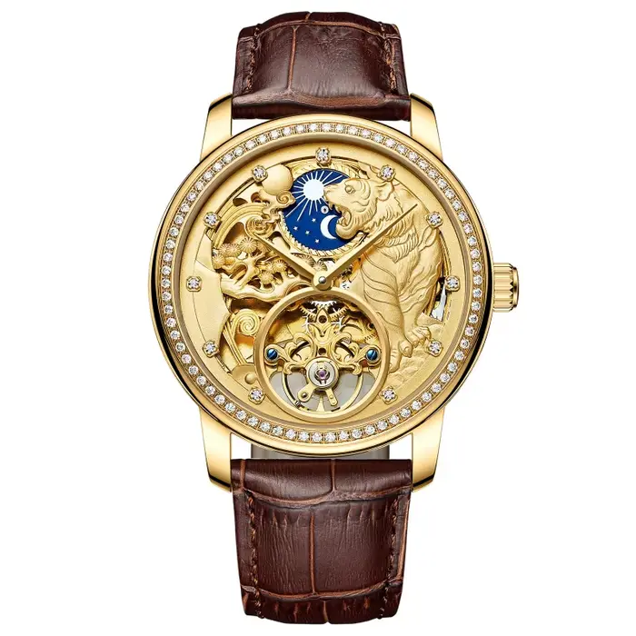 Montres Zodiac Tiger Classic Diamond Super Skeleton Tourbillon, verre saphir, montre mécanique, brac