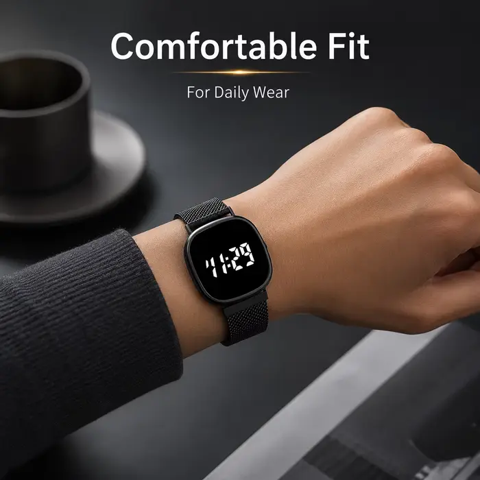 Montre en alliage avec bracelet maille métallique affichage numérique LED pour homme et femme occasions spéciales