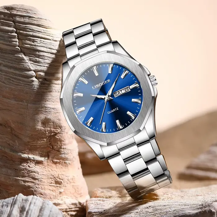 Montre de luxe pour hommes, cadran bleu, en acier inoxydable, calendrier, montre-bracelet à Quartz, horloge d'affaires pour hommes (sans boîte)