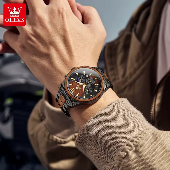 Montre-bracelet à quartz OLEVS 3645 en bois massif doré pour homme