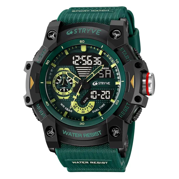 Montre STRYVE 8029 pour Hommes, Analogique-Digital, Chronomètre, Lumineuse, Résistante à l'Eau, Occasions Sportives et Aventureuses