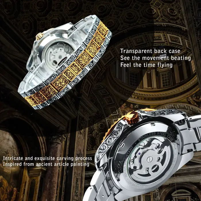 WINNER luxe Phase de lune Tourbillon squelette montres mécaniques or gravé automatique hommes montre bracelet en acier inoxydable lumineux