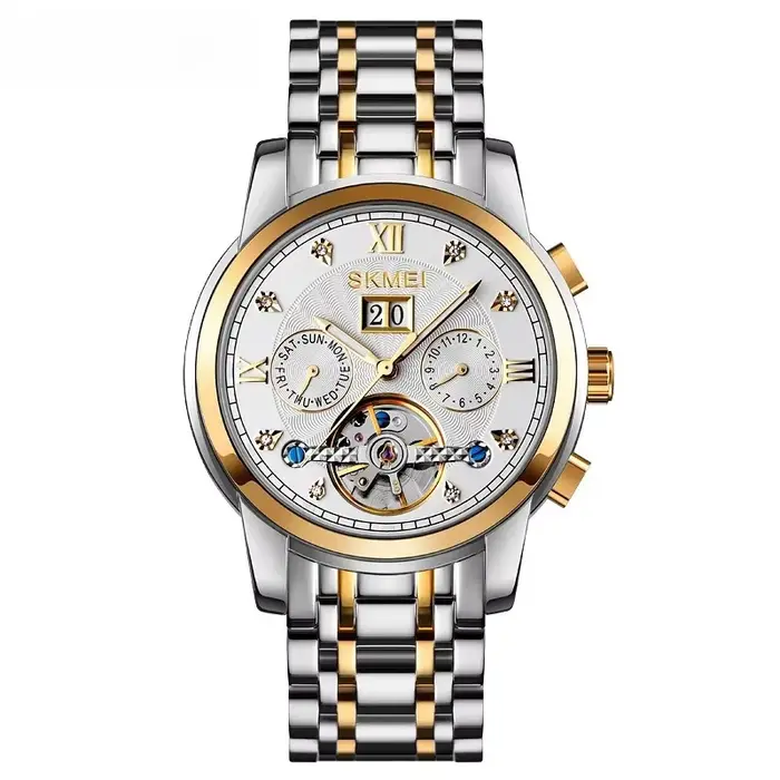 Montre squelette automatique lumineuse pour hommes, acier inoxydable massif, couronne spirale de Sty