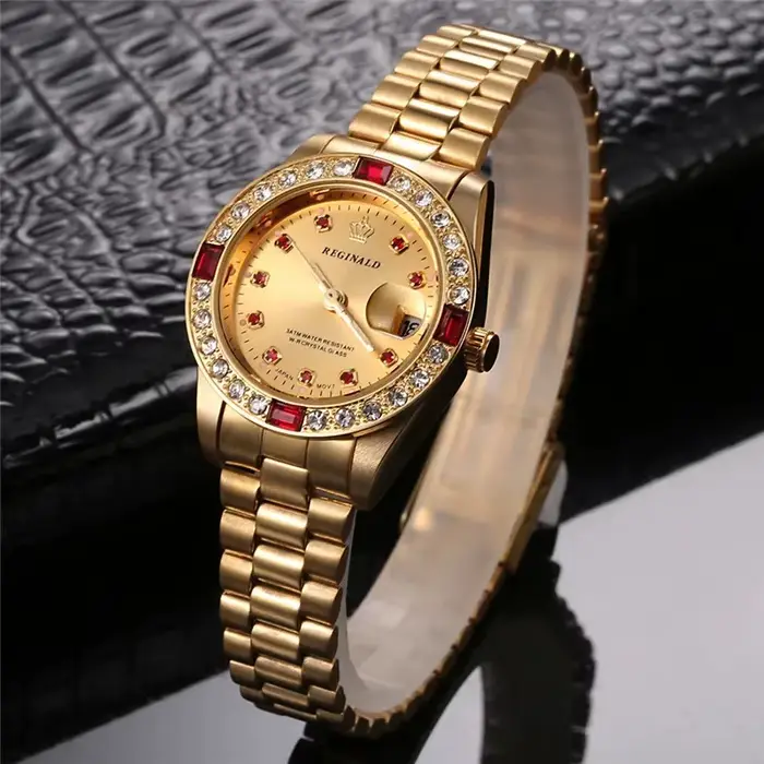 REGINALD – montre-bracelet pour femmes, couleur or, Date, cristal, style, robe, horloge, étanche