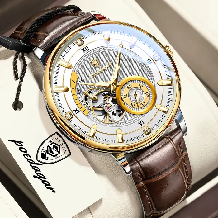 Montre POEDAGAR automatique avec tourbillon ajouré et bracelet en cuir pour hommes d'affaires et occasions spéciales