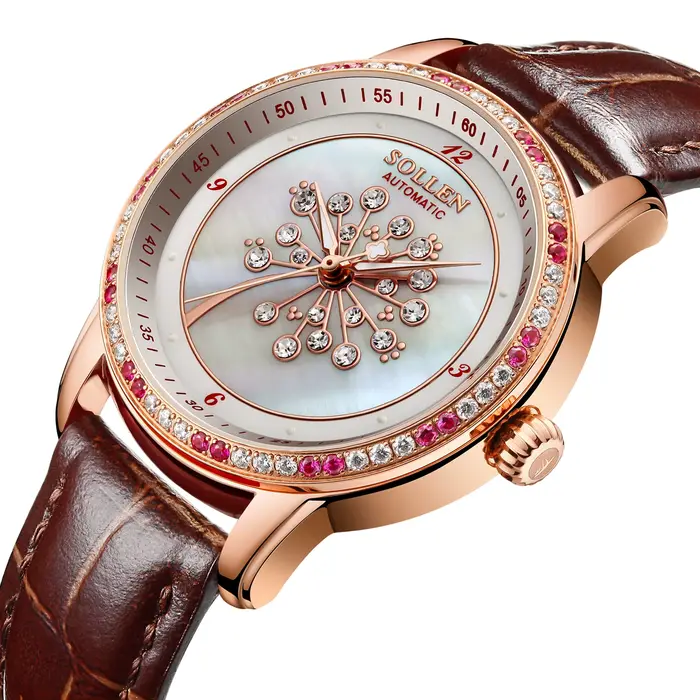 SOLLEN SL408 montre mécanique automatique pour femme de luxe marque suisse saphir cristal étanche diamant bracelet en cuir
