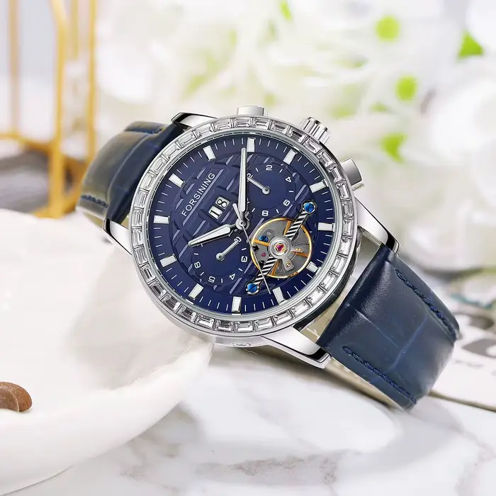 Nouveaux diamants hommes montres haut de gamme de luxe automatique mode bleu bracelet en cuir véritable Tourbillion affichage calendrier montre-bracelet