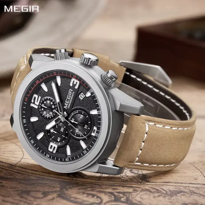MEGIR luxe chronographe hommes Sport montres bracelet en cuir Quartz montre-bracelet lumineux décontracté mâle horloge Relogio Masculino 2026
