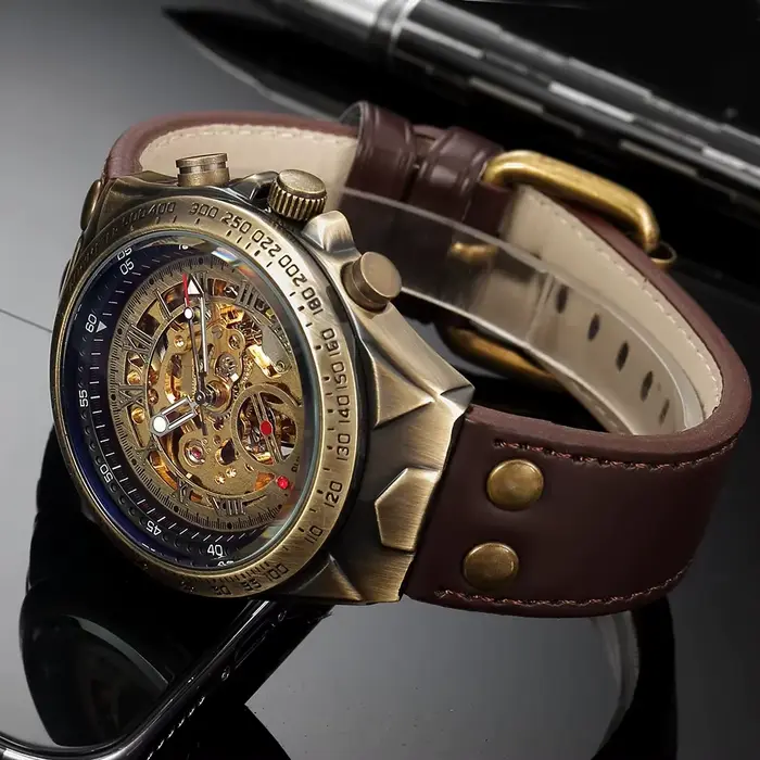 Montre mécanique automatique squelette rétro en Bronze pour hommes