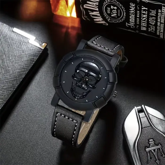 Montre RUNERR à Quartz Motif Tête de Mort Homme Occasions Spéciales Bracelet Cuir PU Bronze Noir