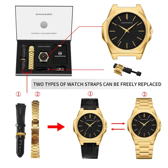 Hannah Martin hommes montre 6.8mm ultra-mince JP mouvement noir en acier inoxydable