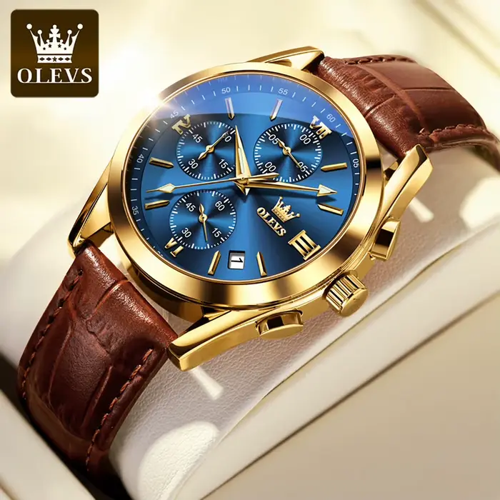 Montre OLEVS 2872 en acier inoxydable avec bracelet en cuir, résistante à l'eau, pour homme avec chronographe et calendrier complet pour différentes occasions