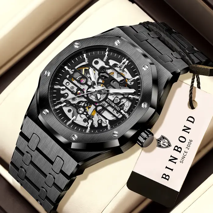 Montres mécaniques BINBOND squelette tourbillon résistantes à l'eau pour homme occasions spéciales style luxueux fournissons quatre couleurs différentes de bracelets