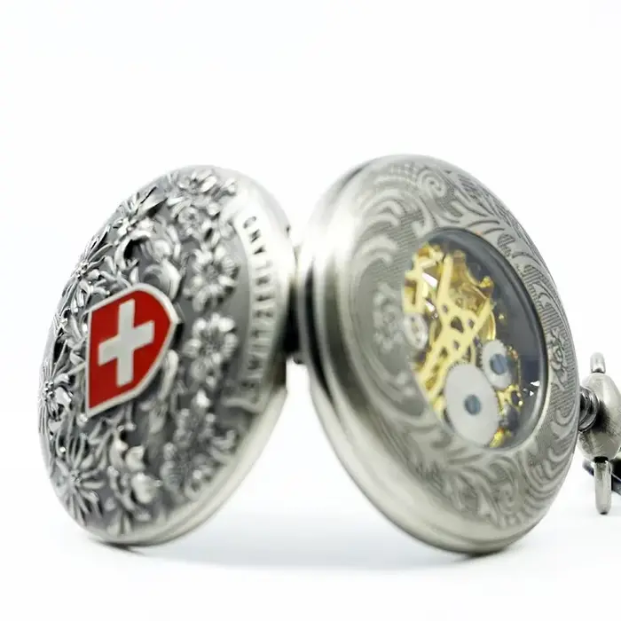 Classique suisse croix rouge creux mécanique montre de poche main vent Fob montres de haute qualité hommes femmes