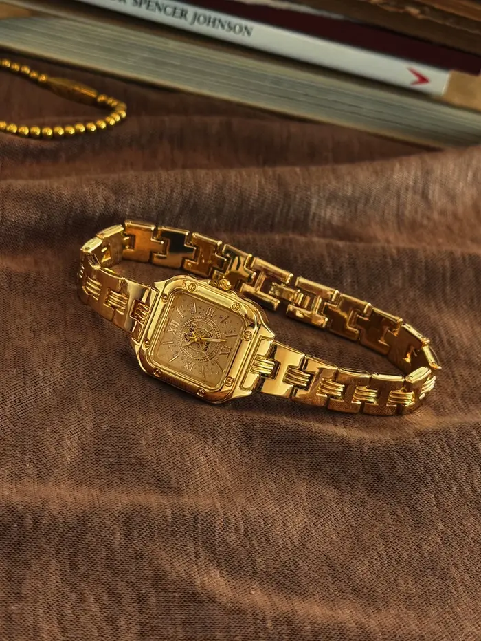 1 Nouvelle montre pour femme à cadran carré doré, style décontracté simple et élégant, cadran à chif