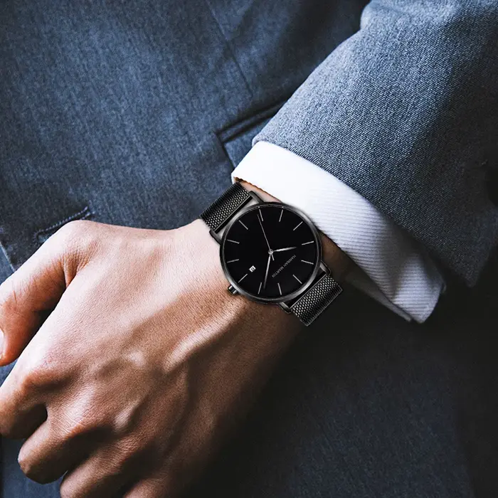 Classique Bauhaus Design hommes montre bleu foncé japon Quartz étanche en acier inoxydable mode affaires calendrier Ultra mince montres