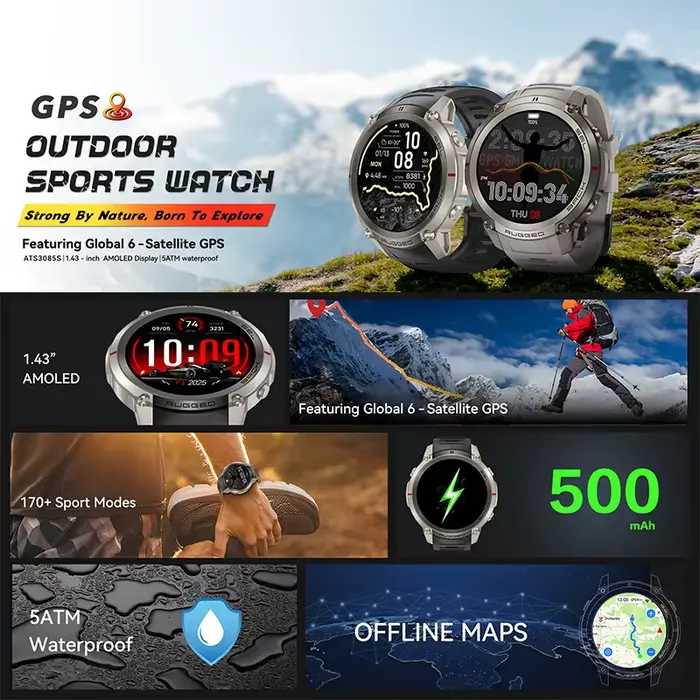 Montre GPS d'extérieur avec 170 modes sportifs, moniteur de fréquence cardiaque, suivi du sommeil et plus de 170 langues supportées pour homme et femme