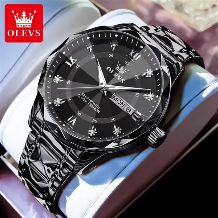 Montre OLEVS Quartz Lumineuse Élégante avec Affichage de la Semaine et Calendrier Complet Occasions Spéciales pour Hommes