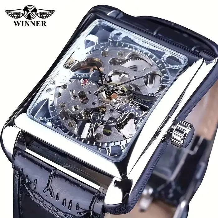 Montre mécanique manuelle de luxe pour homme design rectangulaire ajouré bracelet en cuir haut de gamme et tendance montre élégante et stylée de style urbain occassions formelles et informelles