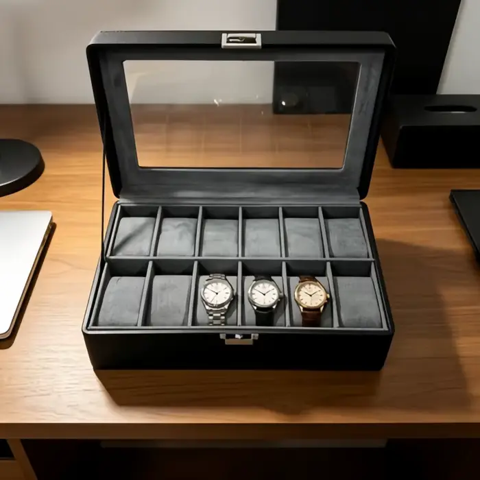 Boîte à montres en simili cuir de luxe à 12 emplacements avec serrure ensemble de 4 présentoirs à montres haut de gamme coffret à bijoux pour bracelets pour hommes occasions spéciales cadeau anniversaire fête des pères collectionneurs montres