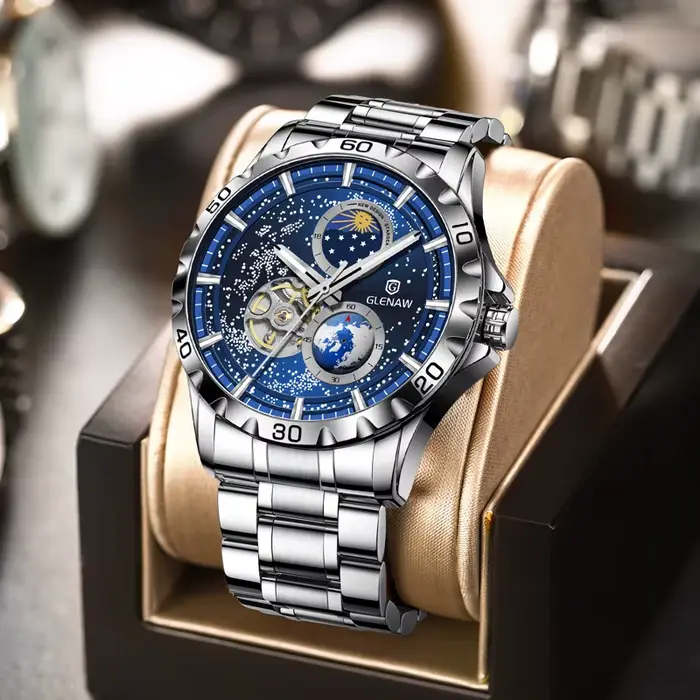 GLENAW rotatif terre Double seconde main mécanique montre-bracelet hommes ciel étoilé bracelet en acier inoxydable montre étanche