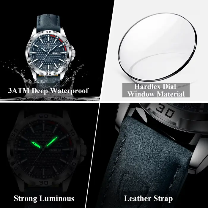 POEDAGAR Original homme montre-bracelet haut de gamme étanche lumineux Date semaine montre pour hommes Quartz Sport cuir