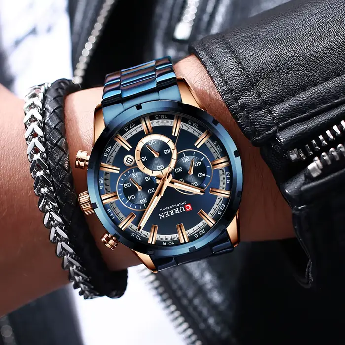 Curren montre pour hommes cadran bleu bracelet en acier inoxydable Date