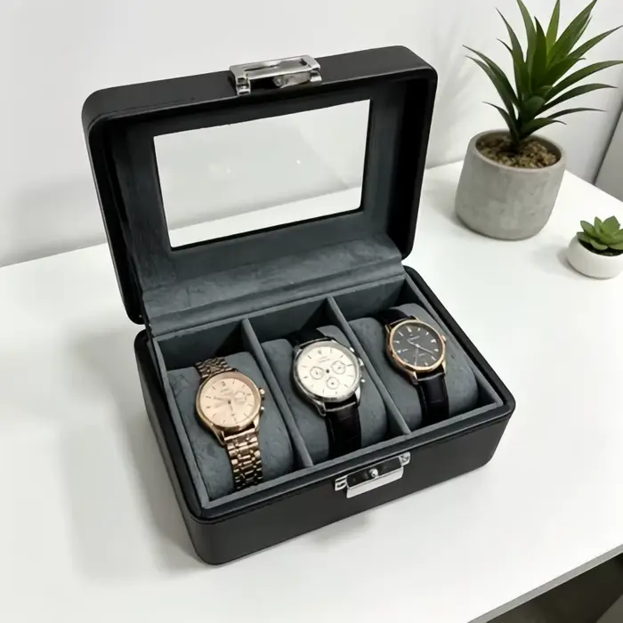 Boîte à montres en cuir pour homme à 3 emplacements avec serrure