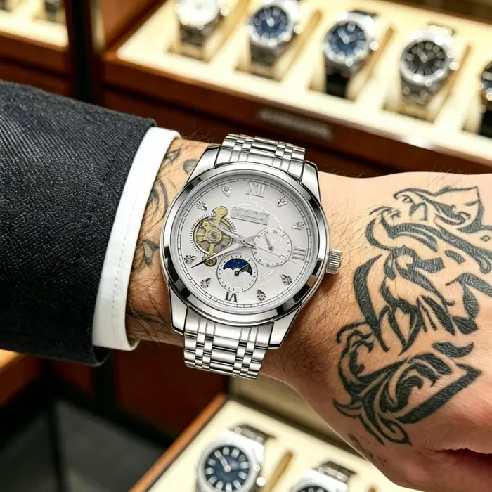 Nouvelle montre mécanique automatique homme design squelette affichage phases lunaires bracelet acier diamants étanche pour homme occasions professionnelles