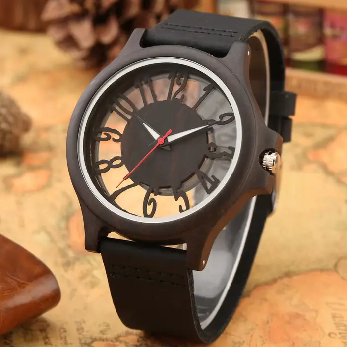 Montre à Quartz en Bois Transparent avec Bracelet en Cuir pour Homme Occasions Spéciales Style Retro Élégant à Offrir