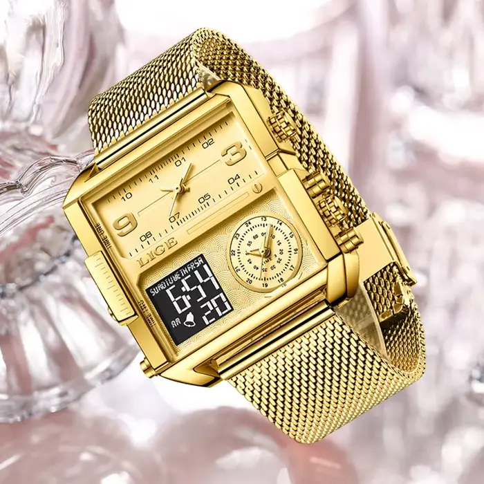 Nouvelle montre LIGE en or pour femmes, montre carrée mode double affichage, résistante à l'eau, pour occasions spéciales et quotidiennes
