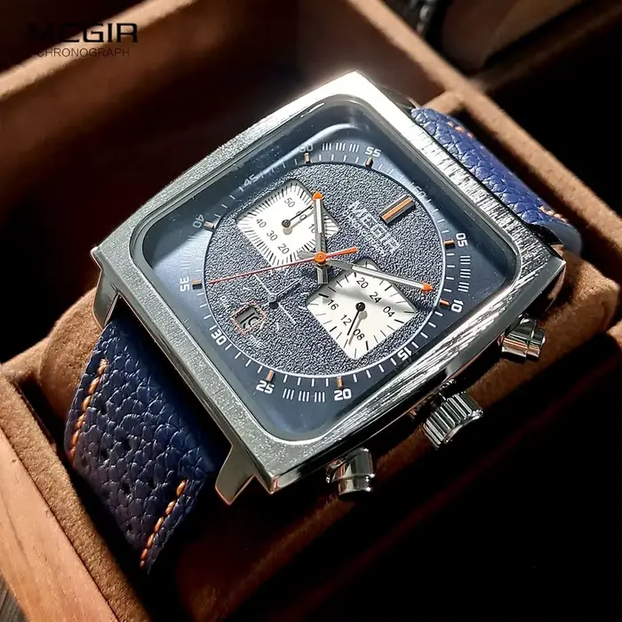 MEGIR 2182 cadran carré montre à Quartz pour hommes mode et élégant Date d'affaires chronographe bleu noir bracelet en