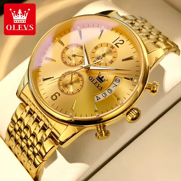 Montre de sport OLEVS en acier inoxydable avec mouvement Quartz, fonctionnalités chronographe et calendrier complet, résistante à l'eau, pour homme occassions sportives et mode