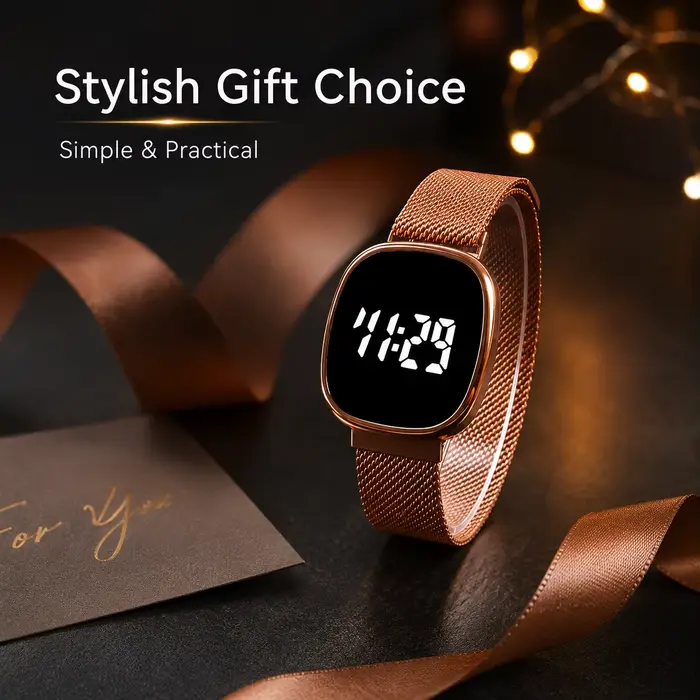 Montre en alliage avec bracelet maille métallique affichage numérique LED pour homme et femme occasions spéciales