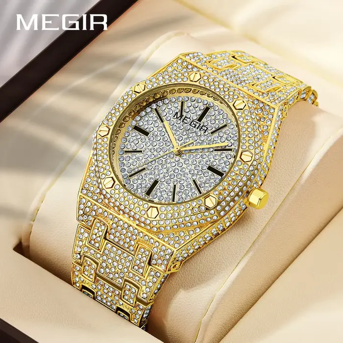 Montre à quartz carrée entièrement sertie de diamants pour hommes et femmes