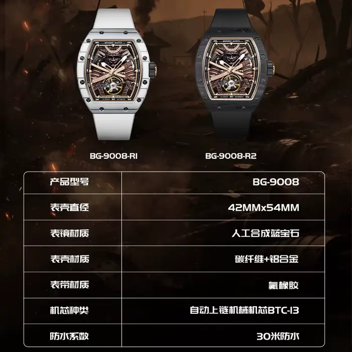 Montre automatique BONEST GATTI avec tourbillon et design squelette pour hommes, résistance à l'eau et bracelet en caoutchouc, parfait pour les occasions spéciales et le quotidien