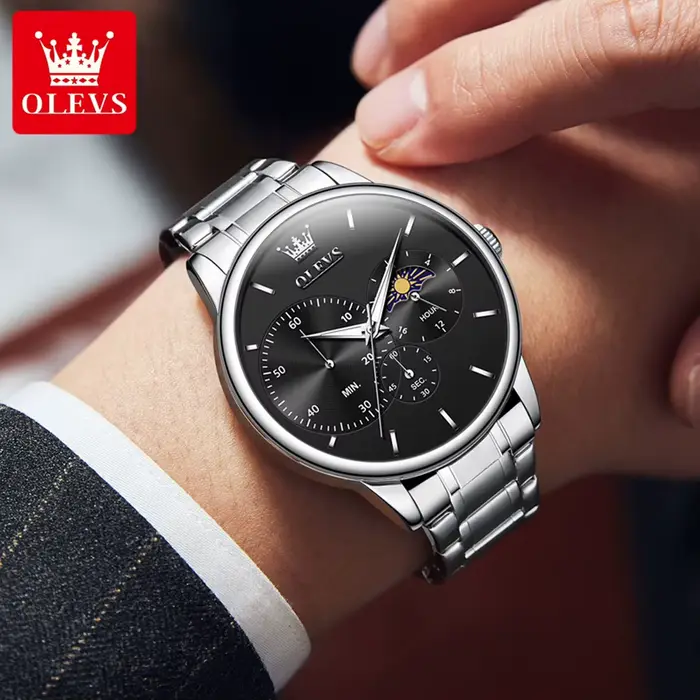 OLEVS montres pour hommes Top marque affaires mode acier fin marque originale montre-bracelet à Quartz pour homme Phase de lune chronographe grand