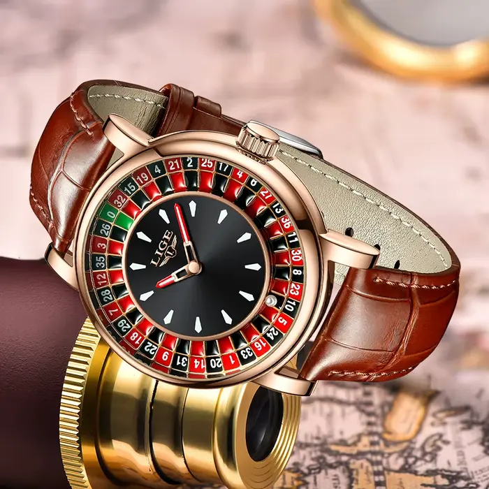 LIGE mode cuir marron hommes montre cadran rotatif Las Vegas Roulette bureau thème montre hommes éta