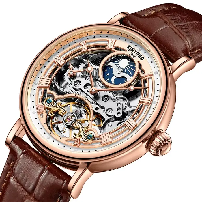 Montre Homme Squelette Tourbillon Phase de Lune Conception Haut de Gamme Luxe Étanche Décontractée Automatique Mécanique Occasions Spéciales