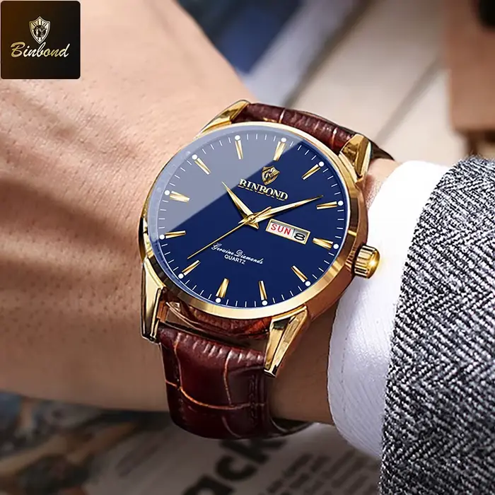 BINBOND mode montre en cuir marron hommes sport militaire montre-bracelet à Quartz