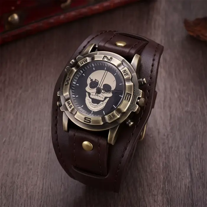 Montre homme vintage ethnique bracelet en cuir grand cadran quartz personnalisée crâne décoratif éducative occasionnels spéciaux
