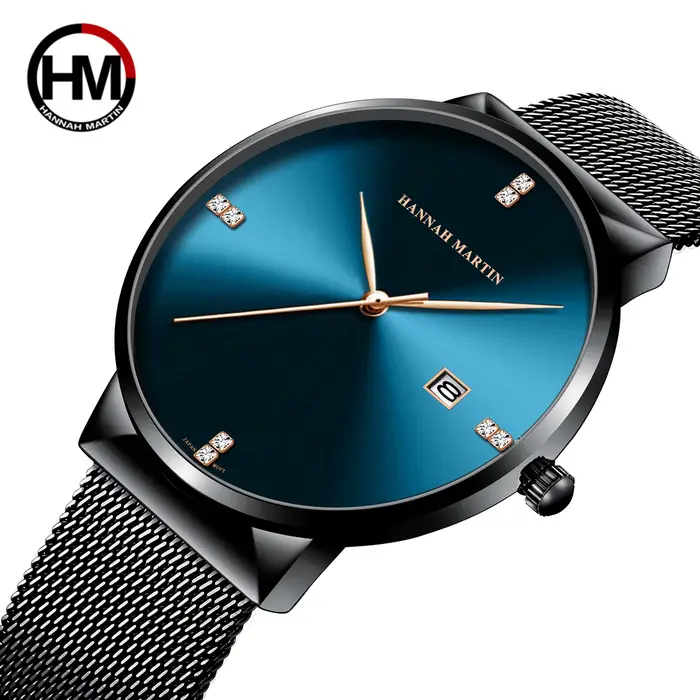 Hannah Martin montre pour hommes avec mouvement importé japonais affaires en acier inoxydable maille