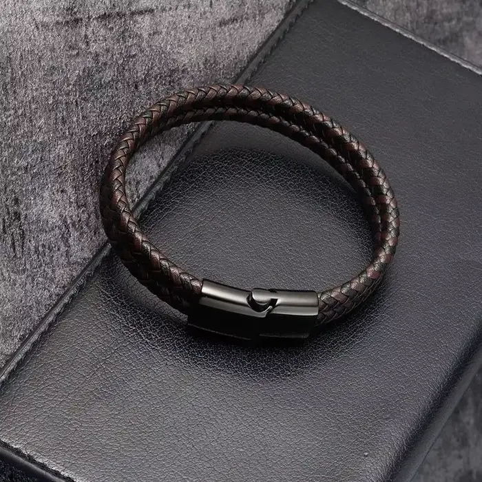 Bracelet en cuir véritable tressé noir et bleu pour hommes, Double bande