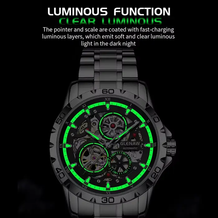 GLENAW Steampunk squelette montre pour hommes anneau de luxe automatique montres mécaniques lumineux étanche bracelet