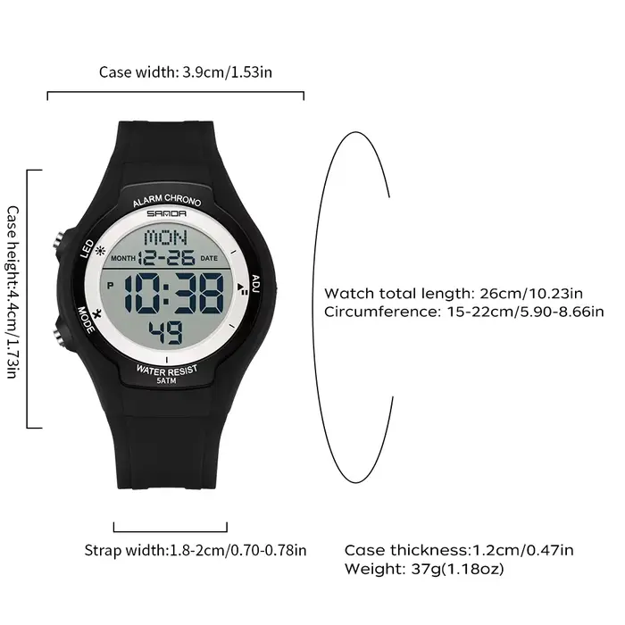 Montre SANDA numérique sportive résistante à l'eau avec affichage LED pour homme et femme occasions spéciales