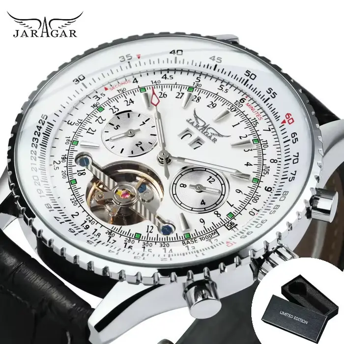 Montre automatique de sport militaire Jaragar pour hommes, cadran multifonction, tourbillon, squelet