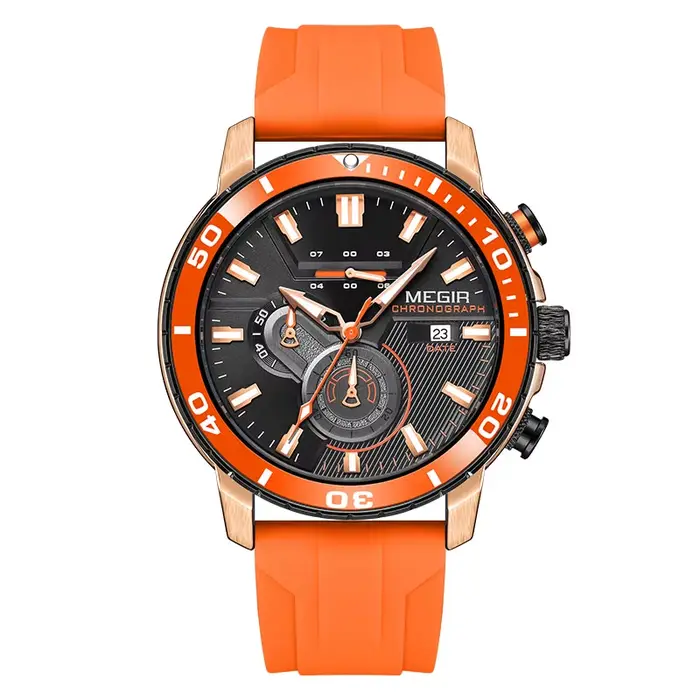 MEGIR montre de Sport Orange pour hommes mode bracelet en Silicone étanche chronographe montre-brace