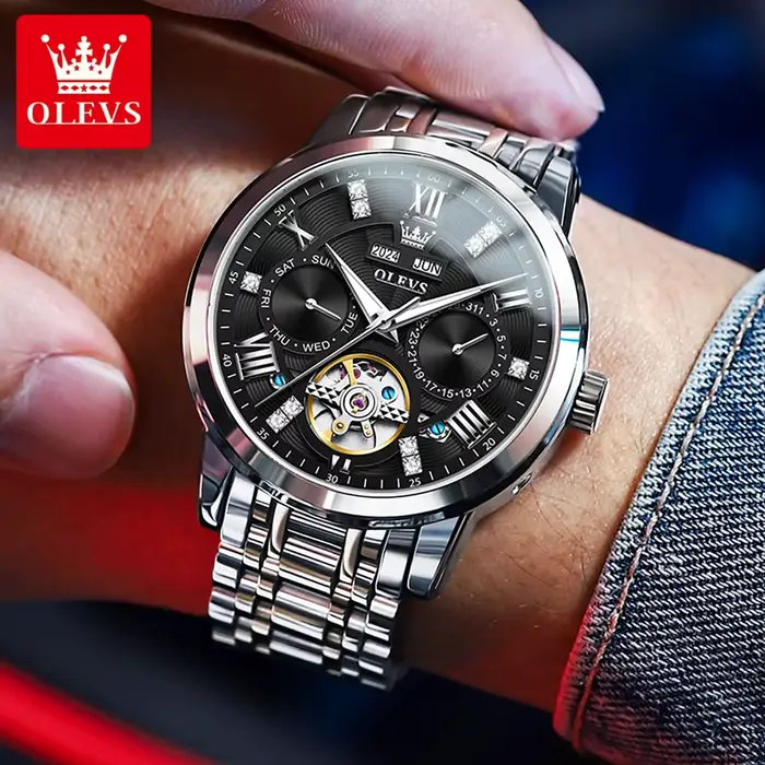 OLEVS 6701 homme montre haut tendance marque en acier inoxydable creux squelette volant automatique mécanique étanche