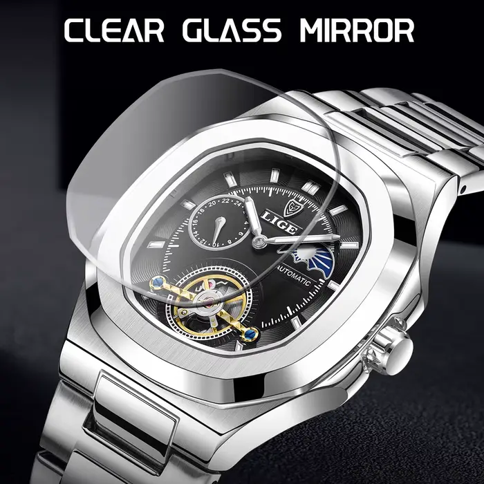 Montre LIGE pour Homme Luxe Automatique Boîtier Carré Élégante Bracelet Acier Inoxydable Occasions Formelles