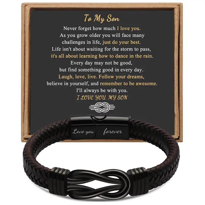 Bracelet à nœud en cuir tressé marron pour hommes, cadeaux infini en acier inoxydable, t'aime pour t